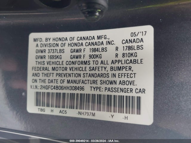 Honda Civic Lx-p 2017 2HGFC4B06HH308496 Image 9