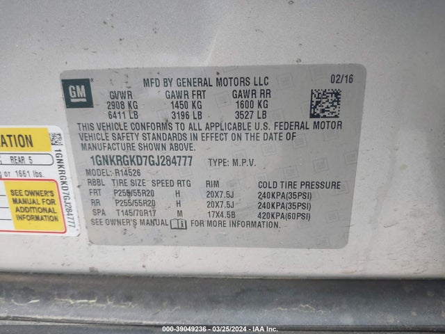 Chevrolet Traverse 1lt 2016 1GNKRGKD7GJ284777 Image 9