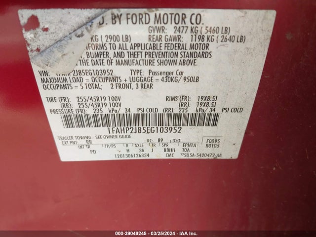 Ford Taurus Limited 2014 1FAHP2J85EG103952 Image 9