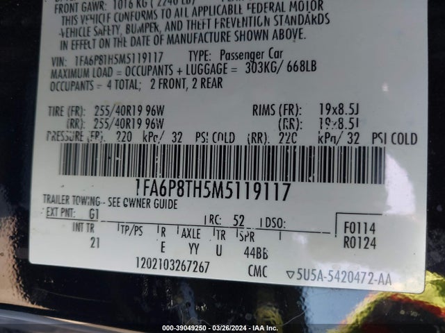Ford Mustang Ecoboost Fastback 2021 1FA6P8TH5M5119117 Image 9