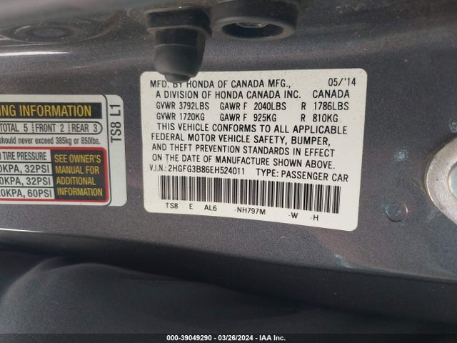 Honda CIVIC EX 2014 2HGFG3B86EH524011 Image 9