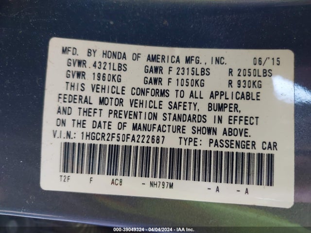 Honda Accord Sport 2015 1HGCR2F50FA222687 Image 9