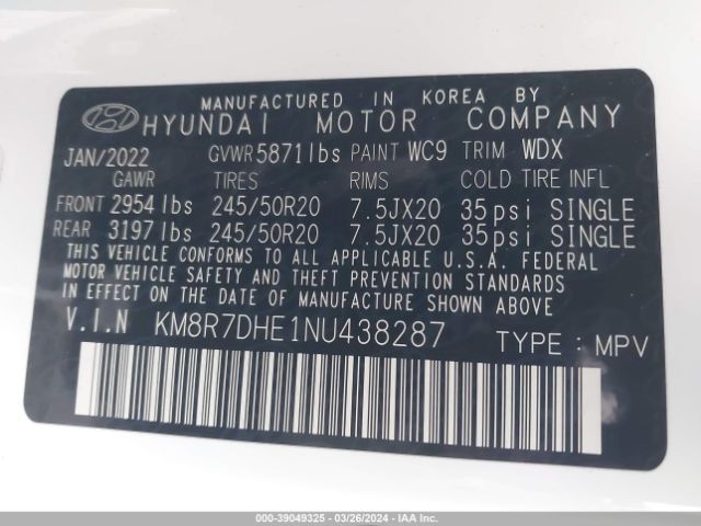 KM8R7DHE1NU438287 Hyundai Palisade Calligraphy