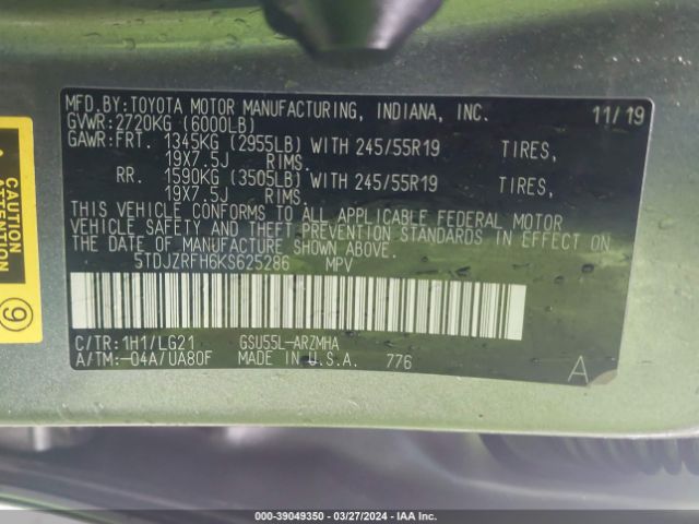 5TDJZRFH6KS625286 Toyota Highlander Se
