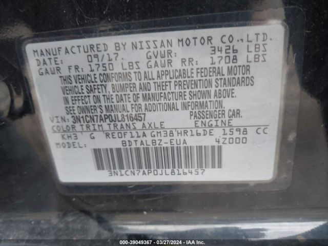 3N1CN7AP0JL816457 Nissan Versa 1.6 Sv