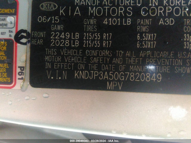 KIA SOUL + 2016 KNDJP3A50G7820849 Image 9