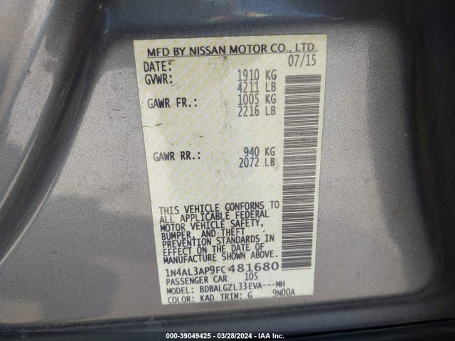 Nissan Altima 2.5 S 2015 1N4AL3AP9FC481680 Image 9