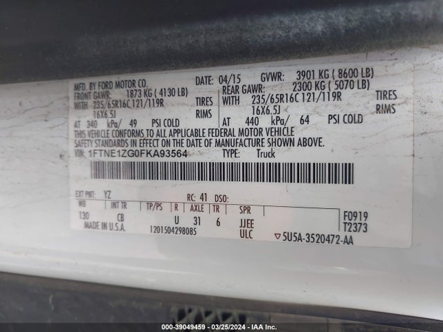 Продаж на аукціоні авто 2015 Ford Transit-150, vin: 1FTNE1ZG0FKA93564, номер лоту: 39049459