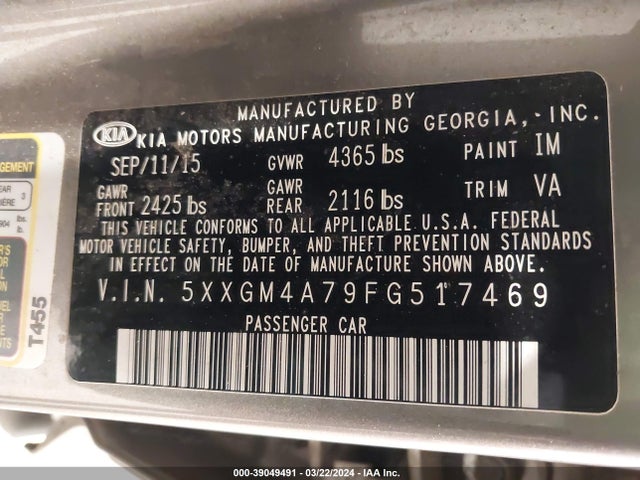 KIA Optima Lx 2015 5XXGM4A79FG517469 Image 9