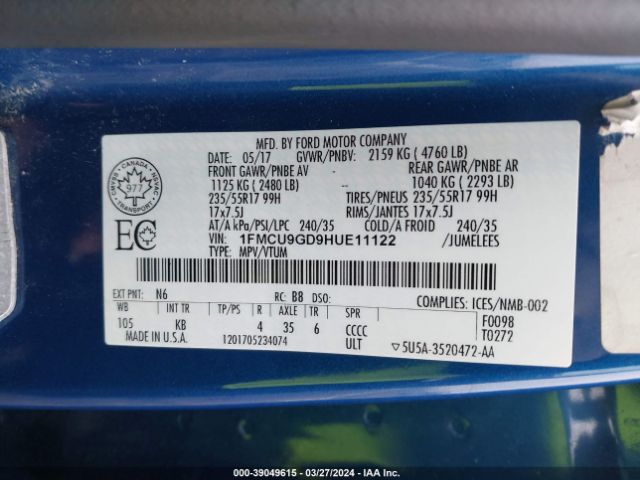 1FMCU9GD9HUE11122 Ford ESCAPE SE