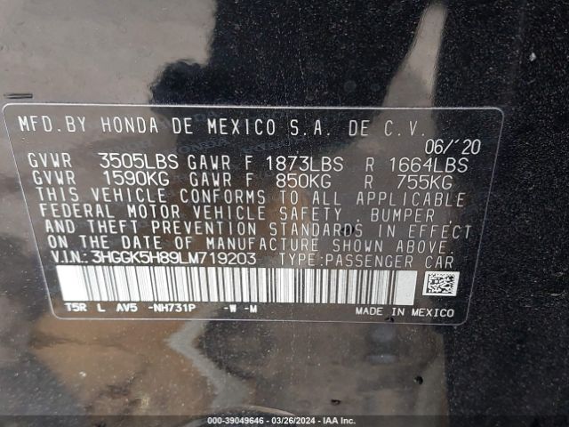 3HGGK5H89LM719203 Honda FIT EX