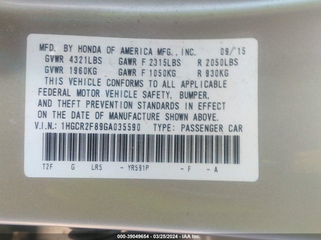 Honda Accord Ex-l 2016 1HGCR2F89GA035590 Image 9