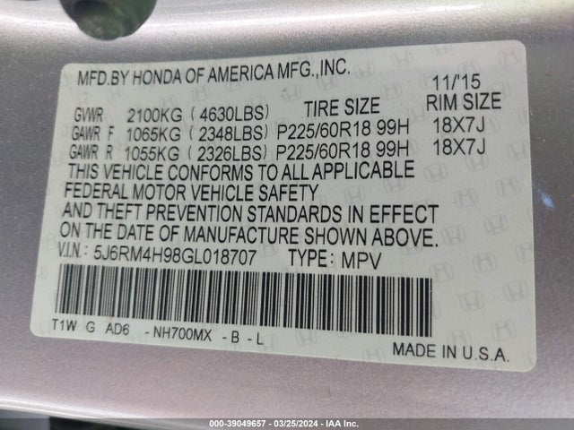 Honda Cr-v Touring 2016 5J6RM4H98GL018707 Image 9