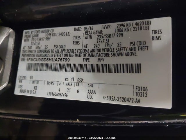 Ford ESCAPE SE 2017 1FMCU0GD8HUA76799 Image 9