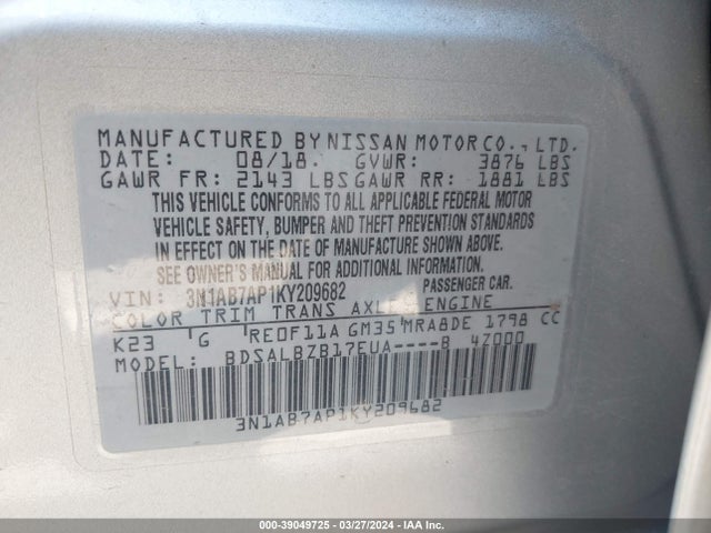 Nissan SENTRA S 2019 3N1AB7AP1KY209682 Image 9