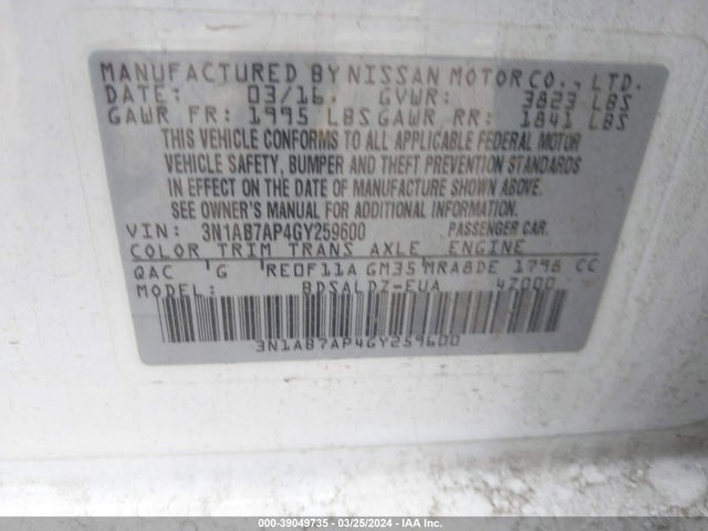 Nissan SENTRA SV 2016 3N1AB7AP4GY259600 Image 9
