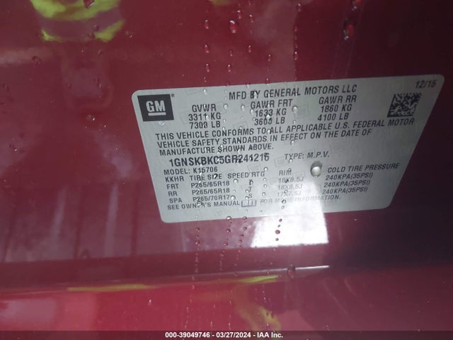 Chevrolet Tahoe Lt 2016 1GNSKBKC5GR241216 Image 9