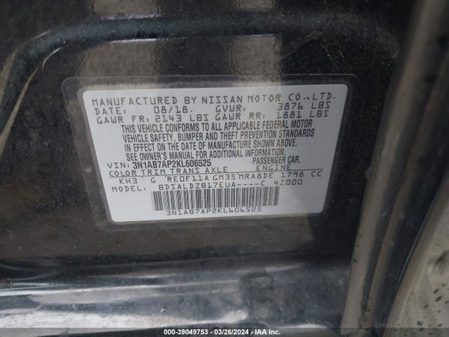 Nissan SENTRA SV 2019 3N1AB7AP2KL606525 Image 9