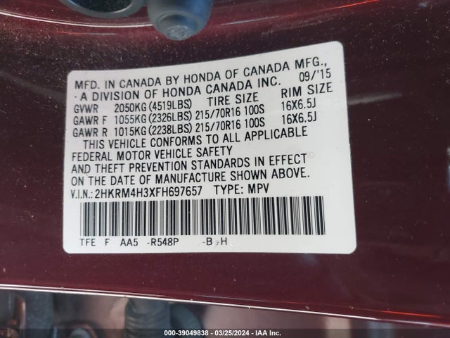 Honda CR-V LX 2015 2HKRM4H3XFH697657 Image 9