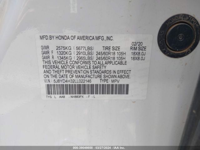 5J8YD4H32LL022146 Acura Mdx Standard