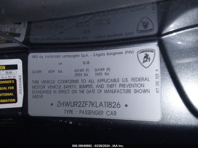 ZHWUR2ZF7KLA11826 Lamborghini Huracan Lp580-2s