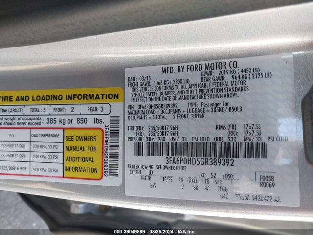Ford FUSION SE 2016 3FA6P0HD5GR389392 Image 9