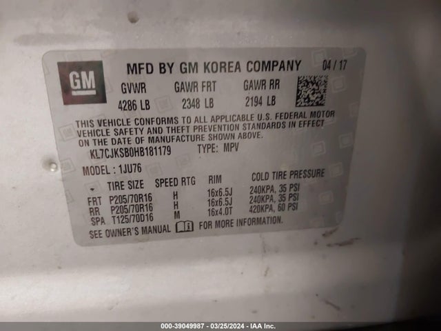Chevrolet TRAX LS 2017 KL7CJKSB0HB181179 Image 9