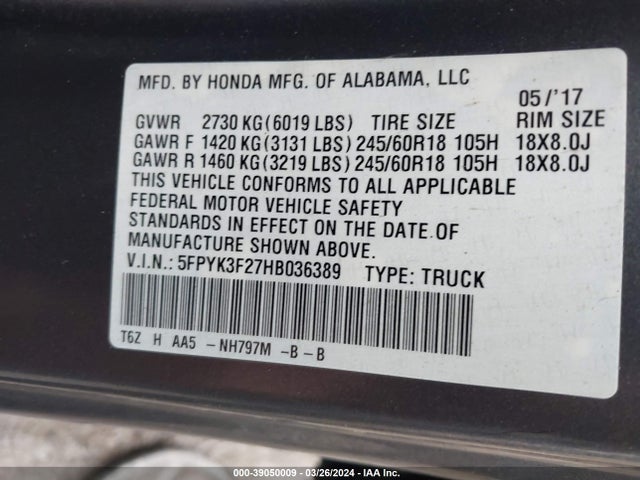 Honda Ridgeline Rt 2017 5FPYK3F27HB036389 Image 9
