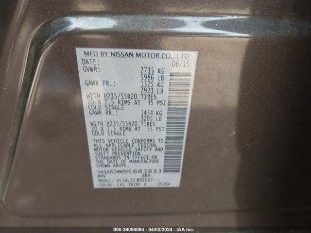 Nissan Pathfinder Platinum 2015 5N1AR2MN9FC683833 Image 9