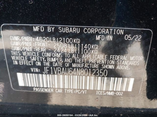 JF1VBAU64N8012350 Subaru WRX GT