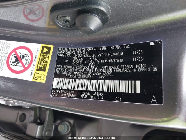 Toyota Highlander Xle V6 2015 5TDKKRFHXFS095662 Image 9