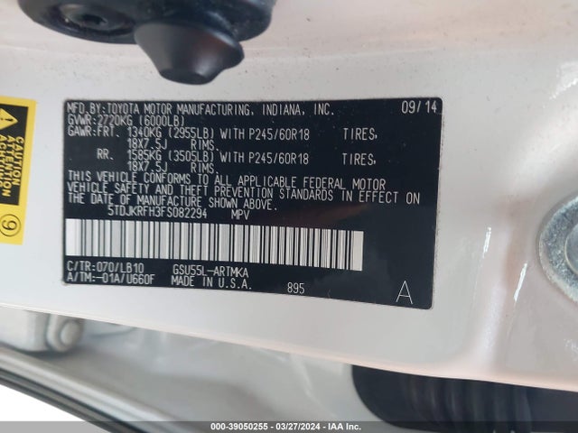 Toyota Highlander Xle V6 2015 5TDJKRFH3FS082294 Image 9