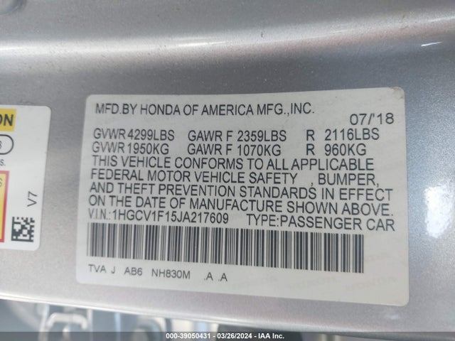 Honda ACCORD LX 2018 1HGCV1F15JA217609 Image 9