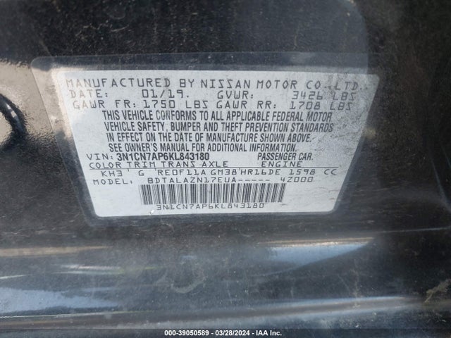 Nissan Versa 1.6 S+ 2019 3N1CN7AP6KL843180 Image 9