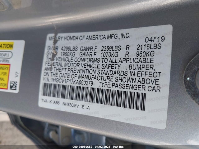 Honda ACCORD LX 2019 1HGCV1F17KA090279 Image 9