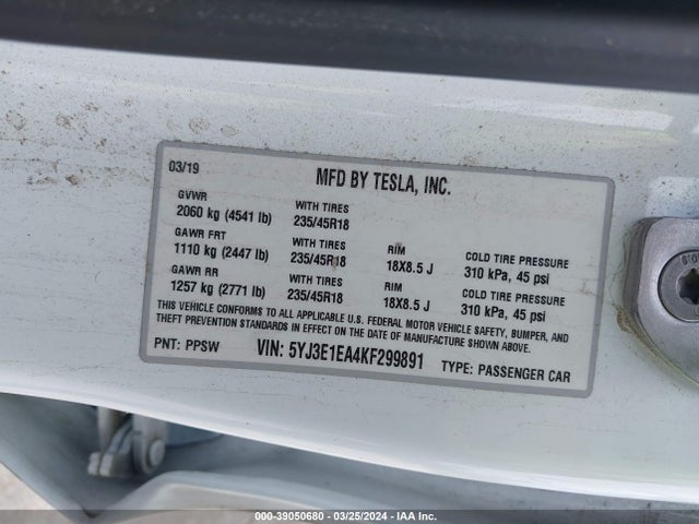 Tesla Model 3 Long Range/mid Range/standard Range/standard Range Plus 2019 5YJ3E1EA4KF299891 Image 9