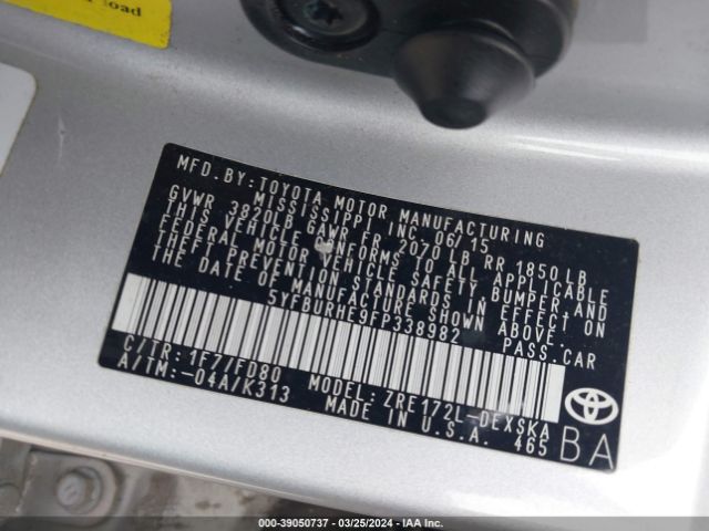 5YFBURHE9FP338982 Toyota Corolla S Plus