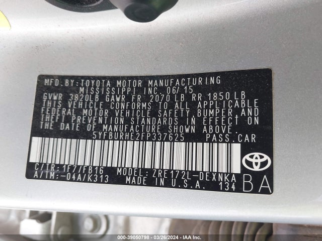 Toyota COROLLA LE 2015 5YFBURHE2FP337625 Image 9