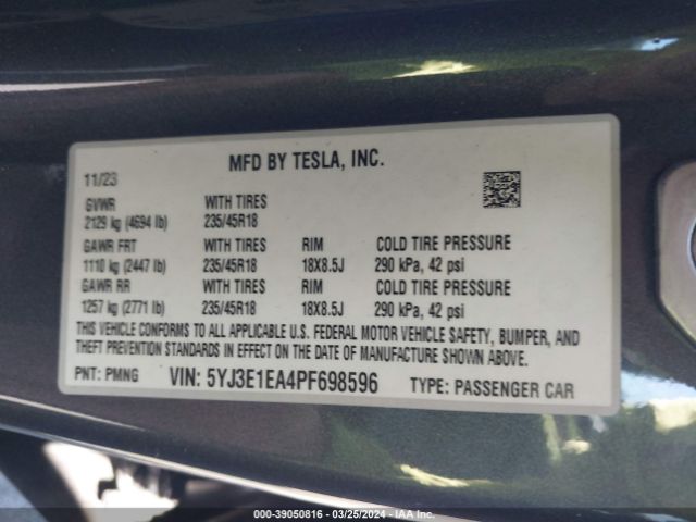 5YJ3E1EA4PF698596 Tesla Model 3 Rear-wheel Drive