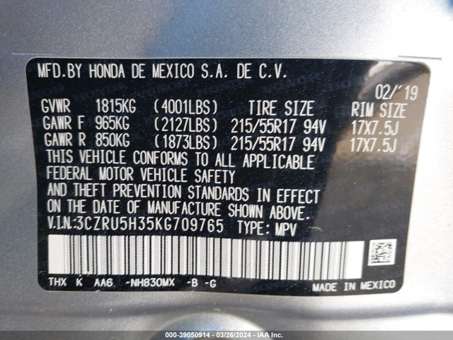 Honda HR-V LX 2019 3CZRU5H35KG709765 Image 8