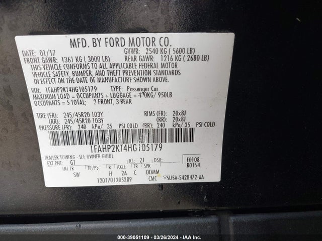 Ford TAURUS SHO 2017 1FAHP2KT4HG105179 Image 9