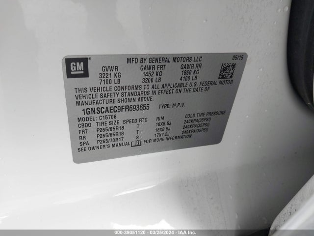 Chevrolet Tahoe Ls 2015 1GNSCAEC9FR693655 Image 9
