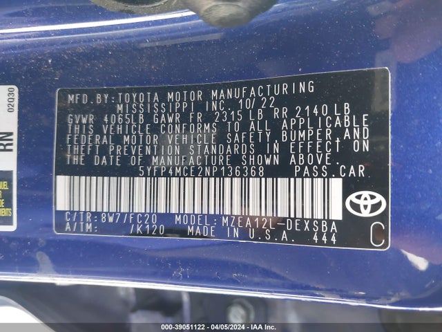 Toyota COROLLA SE 2022 5YFP4MCE2NP136368 Image 9