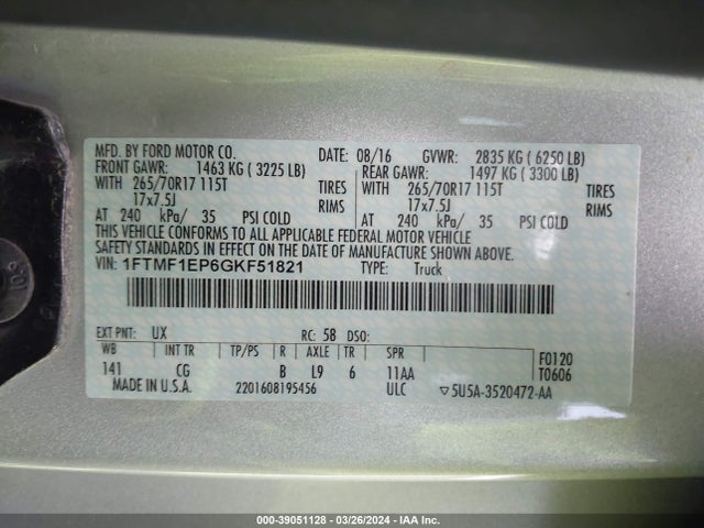 Ford F-150 Xl 2016 1FTMF1EP6GKF51821 Image 9
