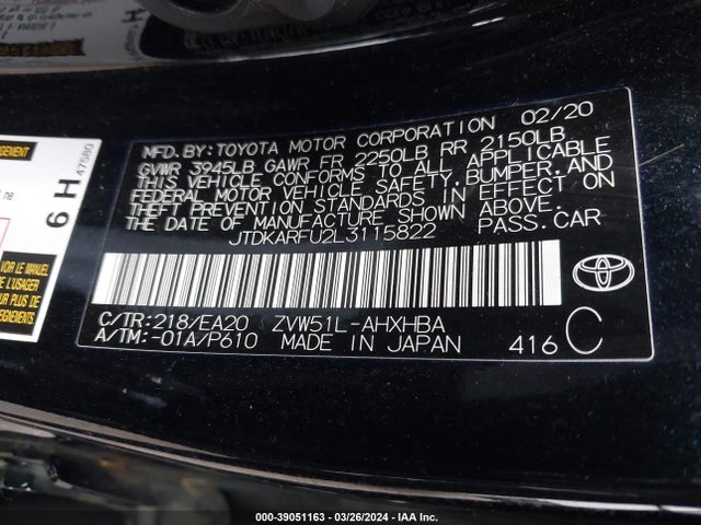 Toyota PRIUS XLE 2020 JTDKARFU2L3115822 Image 9