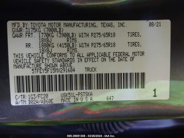 Toyota Tundra Sr5 2021 5TFEY5F15MX291684 Image 9