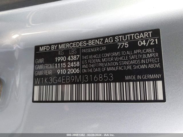 W1K3G4EB9MJ316853 Mercedes-Benz A 220