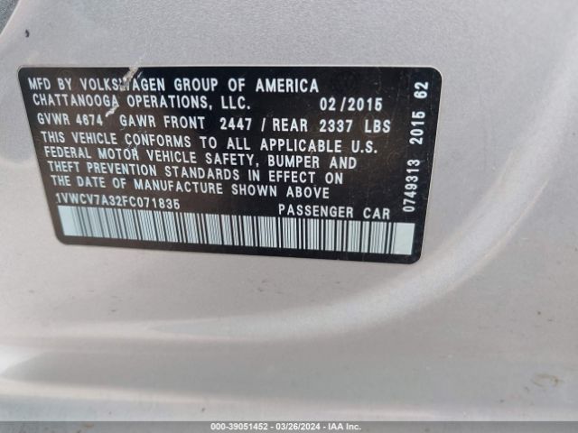 1VWCV7A32FC071835 Volkswagen Passat 2.0l Tdi Sel Premium