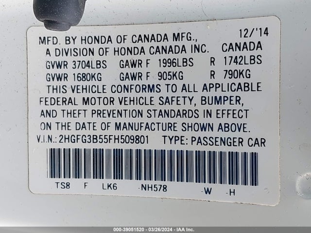 Honda Civic Lx 2015 2HGFG3B55FH509801 Image 9