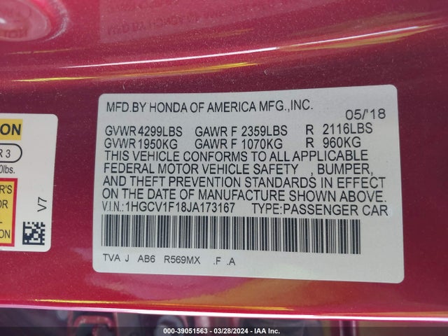 Honda ACCORD LX 2018 1HGCV1F18JA173167 Image 9